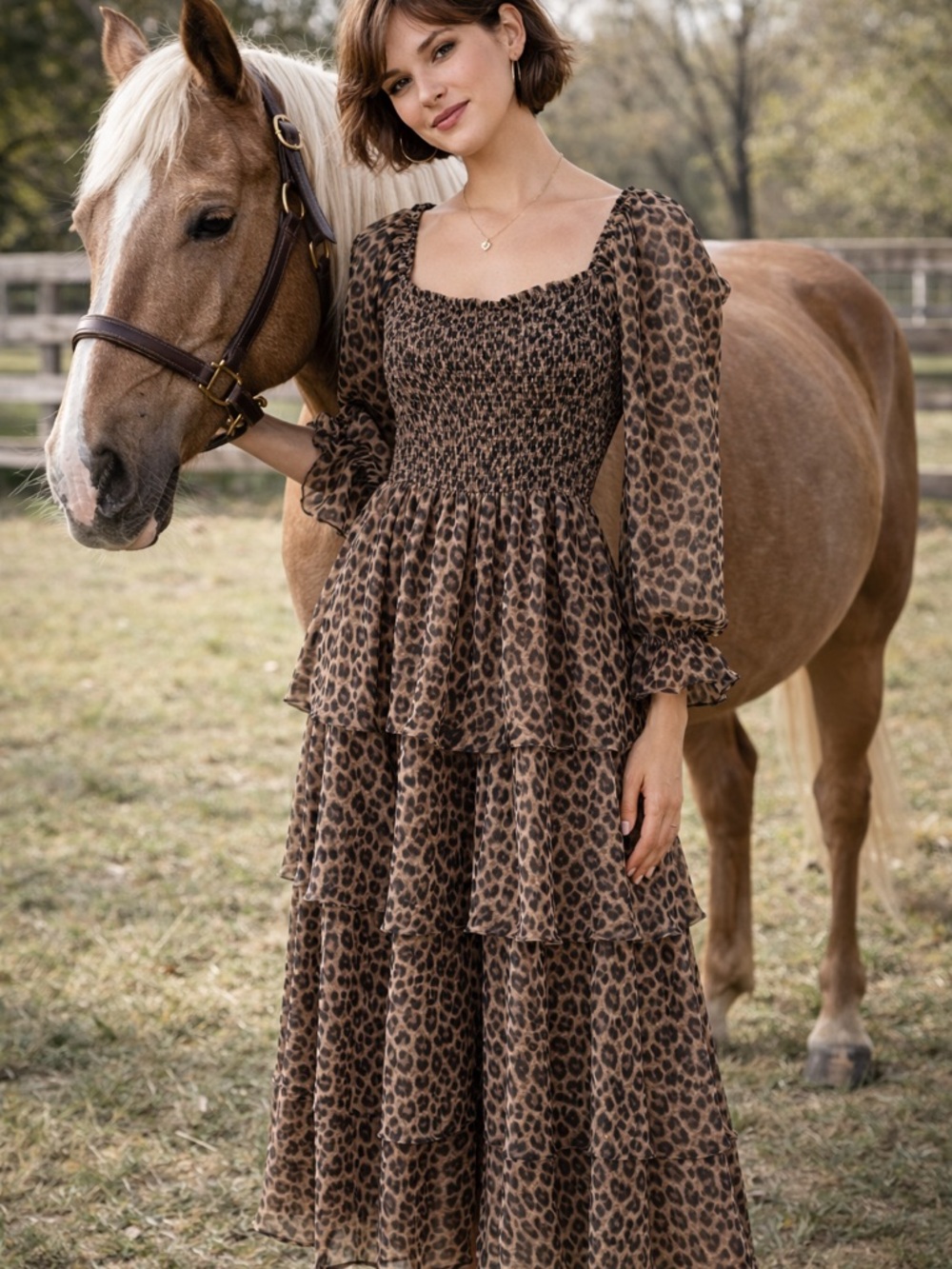 entro Brown Leopard Smocked Tiered Maxi Dress